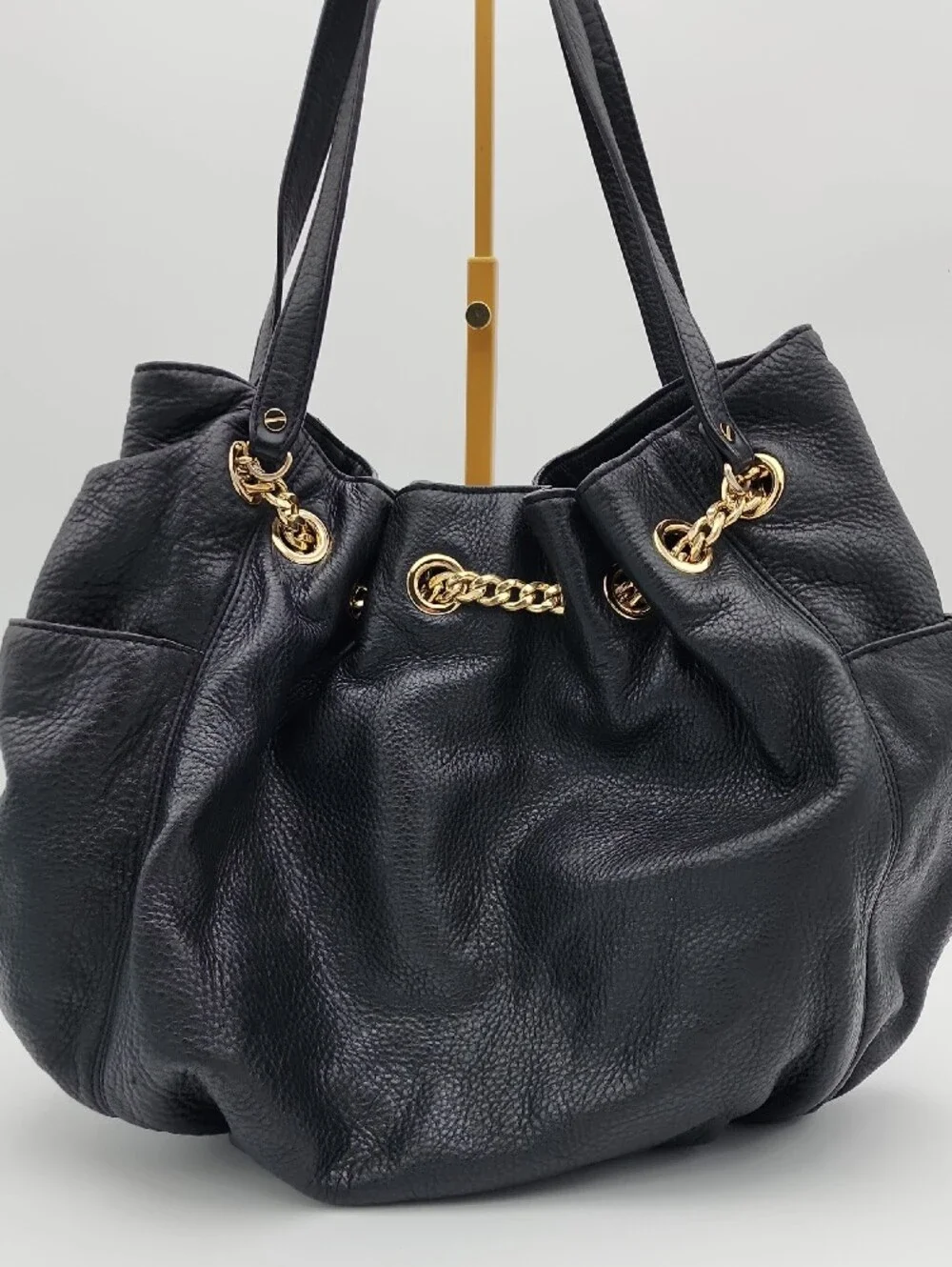 Michael Kors Black Leather Drawstring Shoulder Bag with Gold Hardware
